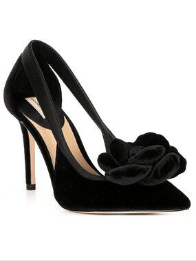 ANTONIO MELANI Ester Velvet Black Rose Flower Heels Pumps Size 6 Pointed Toe NEW